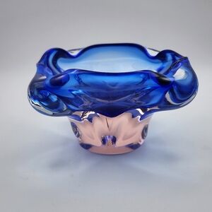 MCM Art Handblown Thick Glass Blue/Pink Wavy Edge Bowl By Josef Hospodka